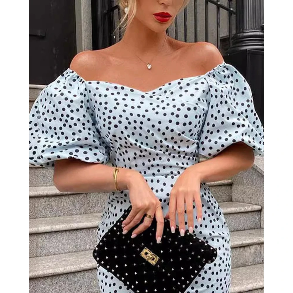 Elegant Women Fashion Polka Dot Print Puff  Sleeve Off Shoulder Bodycon Midi Formal Dress Summer Sexy Party Evening Long Dress