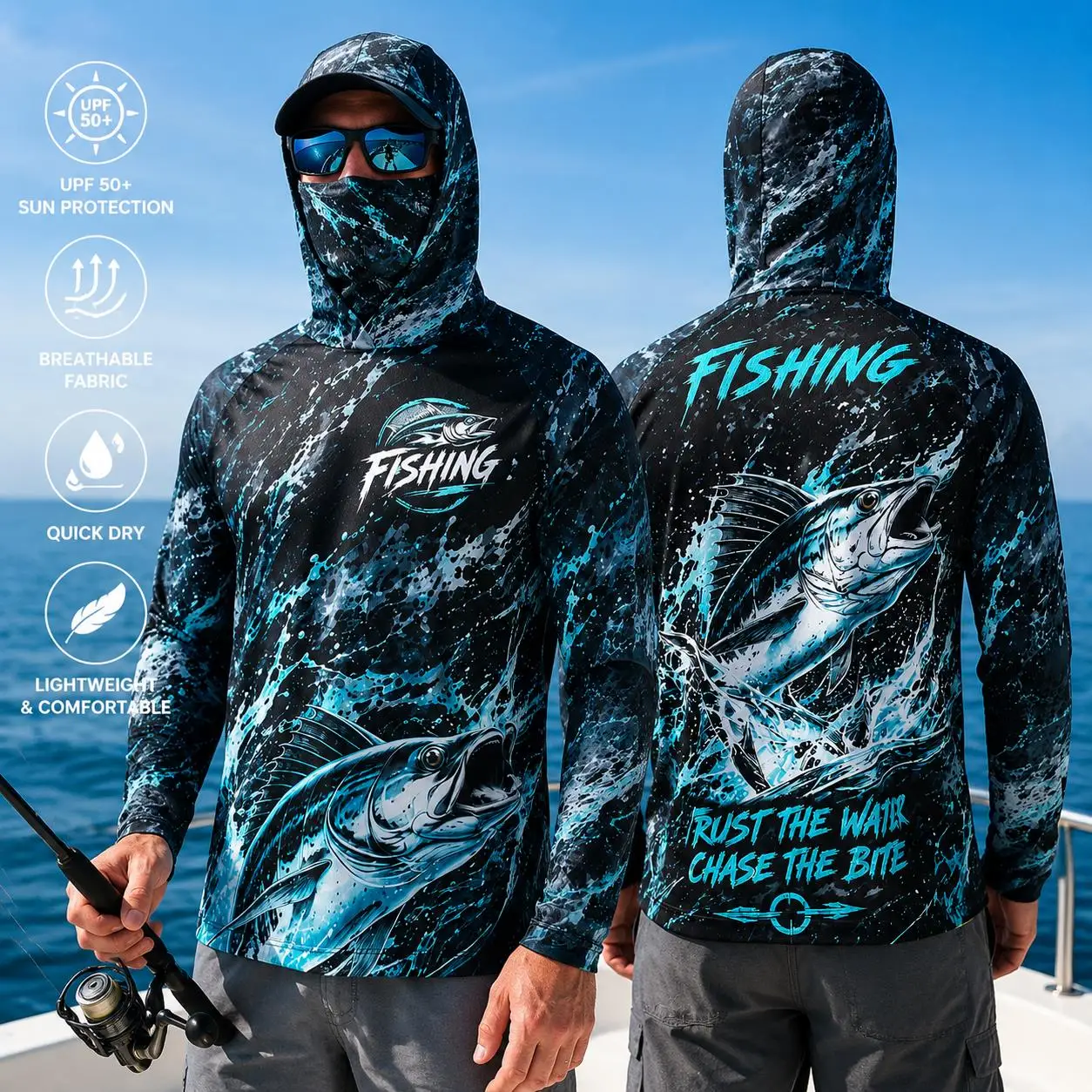 Men's Hooded Fishing Shirt UPF Sun Protection Breathable Long Sleeve Quick Dry Outdoor Angling Jersey With Face Cover