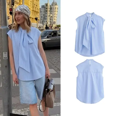 Women's Blue Stripes Blouses Summer New Female Fashion Bow Lace-Up Elegant Scarf Collar Shirts Tops Lady Street Chic T-Shitrt