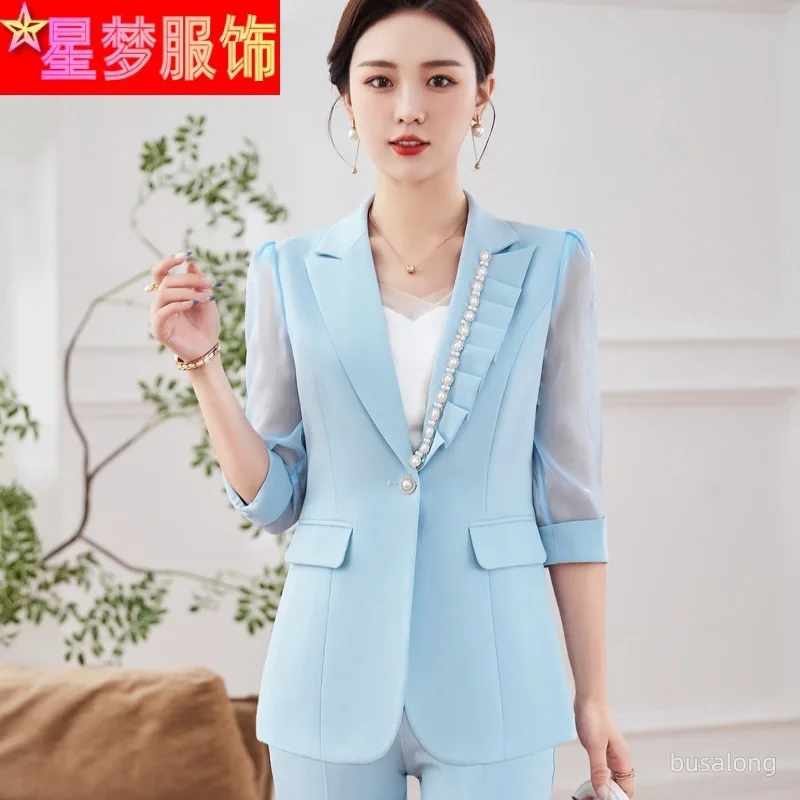 

Blue Suit Jacket Women's Three-Quarter Sleeve Thin Casual Elegant Lady Goddess Temperament Small Suit Fashion Suit Summer