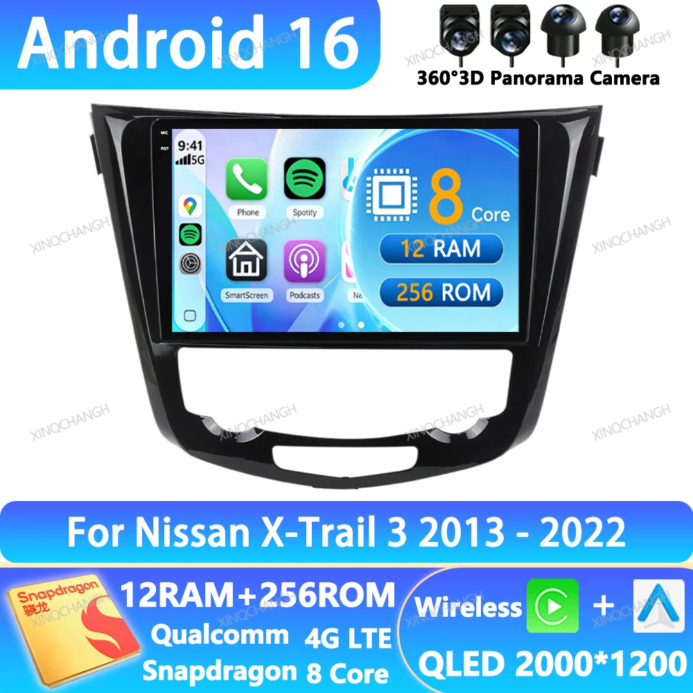 Android 16 Car Radio For Nissan X-Trail Xtrail 3 T32 2013 - 2022 GPS Multimedia Stereo Video Player 2DIN QLED Head Unit 4G WIFI