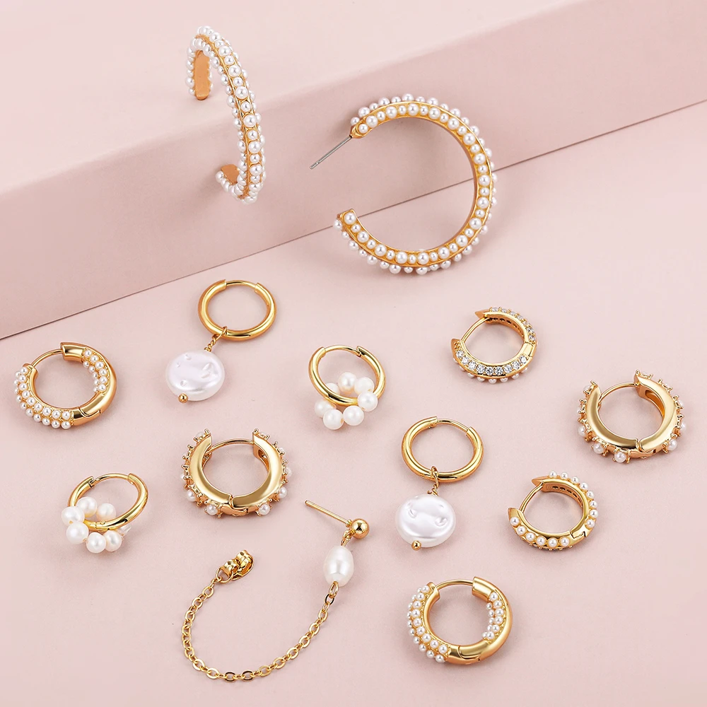 2022 New Pearl Small Circle Hoop Earrings for Women Gold Plated Piercing Ear Buckle Huggies Pearls Eardrop Minimalist Jewelry