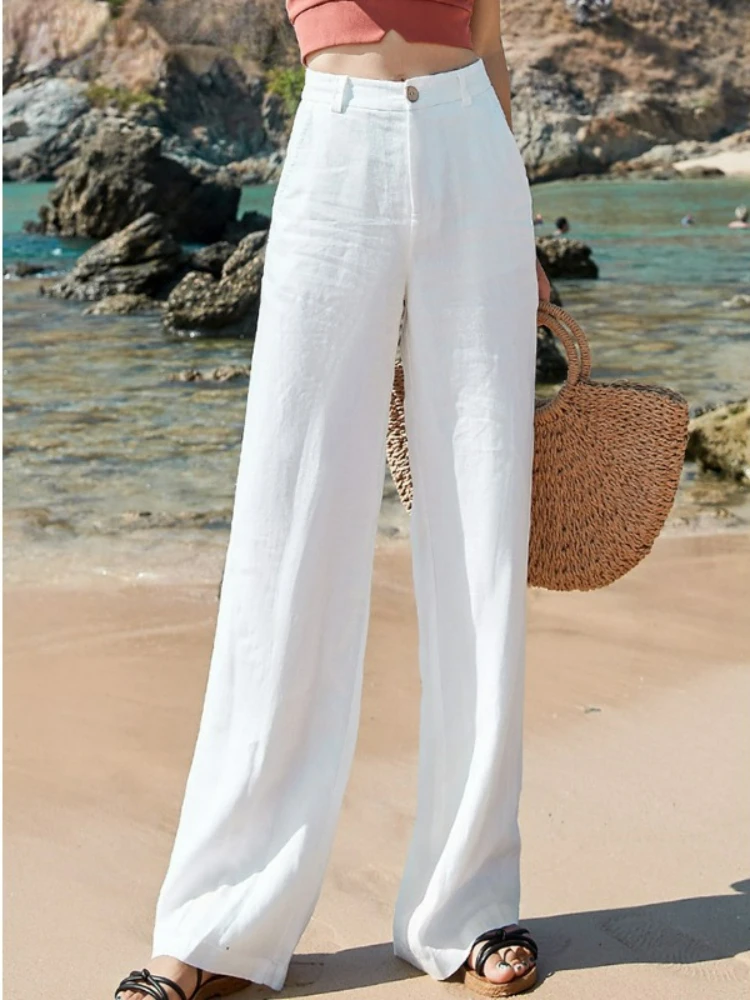 

Women Casual Cotton Linen Wide Leg Beach Pants Boho Loose Pantalones Vintage High Waist Sweatpants Solid Straight Baggy Trousers