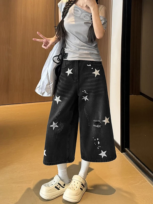 Loose Wide Leg Denim Capri Pants Women Summer New Style plus Size High Waist Straight Cut Trousers Star Print Casual Jeans