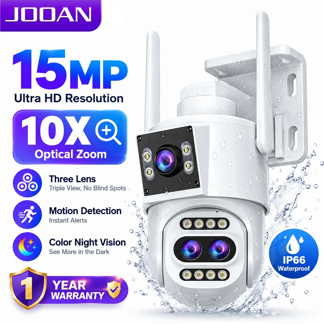 JOOAN 15MP Wifi Camera Outdoor Three Lens Dual Screen 10X Digital Zoom Color Night Vision PTZ IP Camera CCTV Video Surveillance