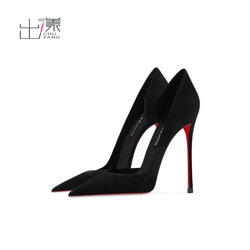 2025 Suede black pointed high heels women's thin heel side empty design versatile sexy not tired single heel shoes