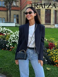 TRAFZA Frauen Mode Lange Hülse Drehen Unten Kragen Blazer Mantel Weibliche Tasche Dekoration Beiläufige Dünne Street Style Kurze Jacke