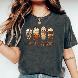 Tis The Season Fall Coffee Shirt Horror Characters Coffee Latte T-shirt Scary Movie Halloween Tees Spooky Season Halloween Tops