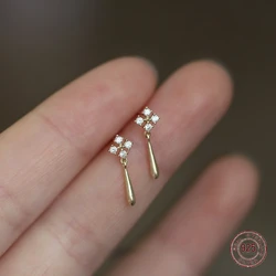 S925 Sterling Silver Water Droplets Earrings for Women Temperament Zircon Stud Earring Plated 14k Gold Delicate Jewelry