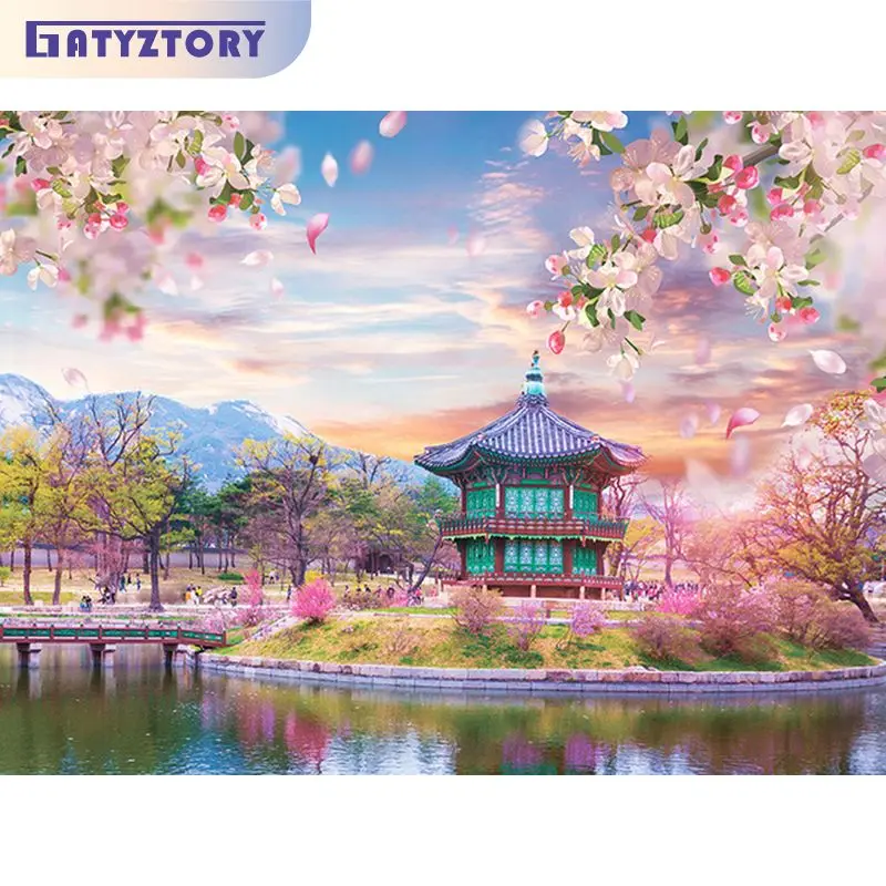 

GATYZTORY Acrylic Painting By Numbers Lake Pavilion Spring Landscape Pictures Paint Wall Art Diy Set For Adults Gift On Canvas