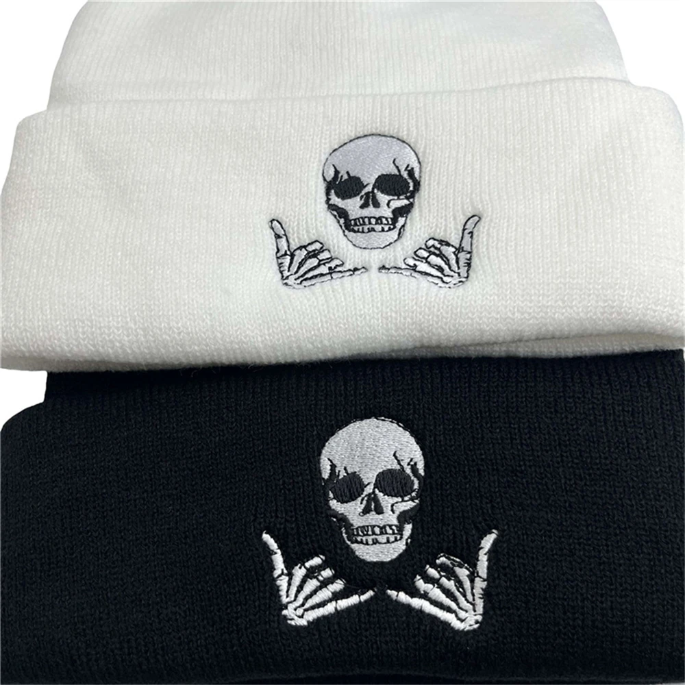 1pcs Winter Embroidery Skull Gestures 66 Acrylic Knit Beanies Hat For Men Women Couple Outdoor Mountaineering Warming Cold Caps