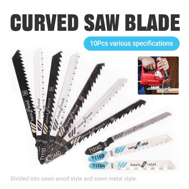 Complete 10Pcs Jigsaw Blades Set T-Shank HCS Material - Assorted Blades for Wood Plastic Metal Cutting with Anti Splinter Design