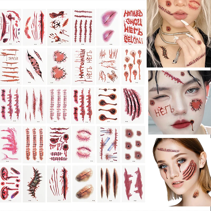 30Sheets Halloween Scar Tattoo Stickers Party Funny Scary Bloody Knife Scar Tattoo Simulation Wound Scratches Blood Stickers