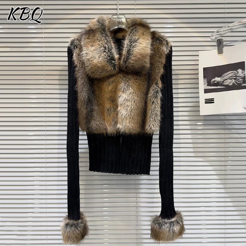 KBQ Colorblock Knitwear For Women V Neck Long Sleeve Slimming Spliced Fur Design Luxury Sweater Cardigan Female Autumn Clothing