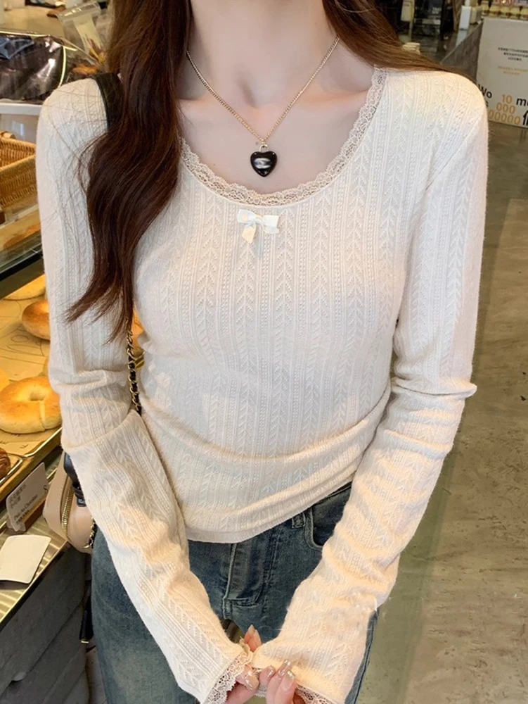 Uroczy sweter damski z dzianiny z kokardą, jesienno-zimowy, modny, z koronkowymi wstawkami, dekolt okrągły, długi rękaw, dopasowany, krótki top.