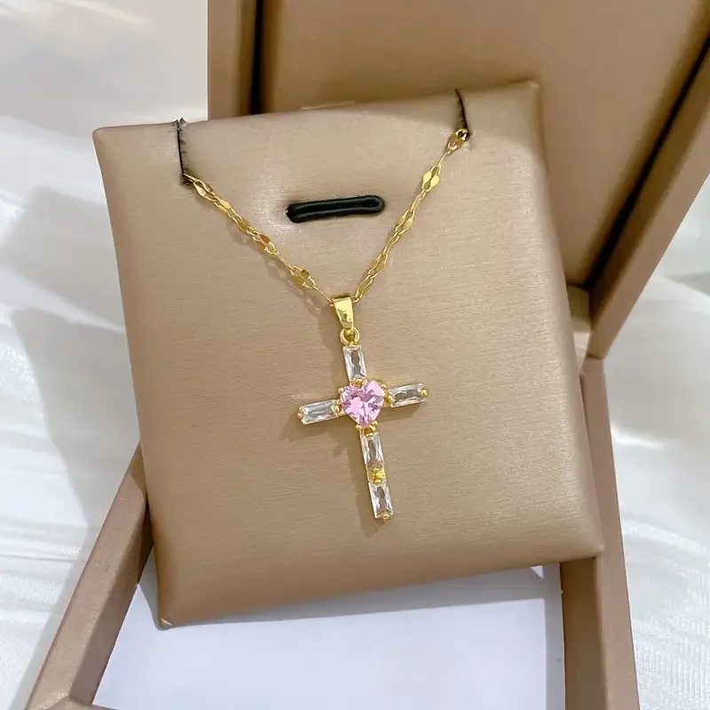 1 Piece Cute Transparent Pink Love Heart Cross Pendant Necklace for Women, Lucky Faith Amulet Jewelry Accessories Holiday Gift