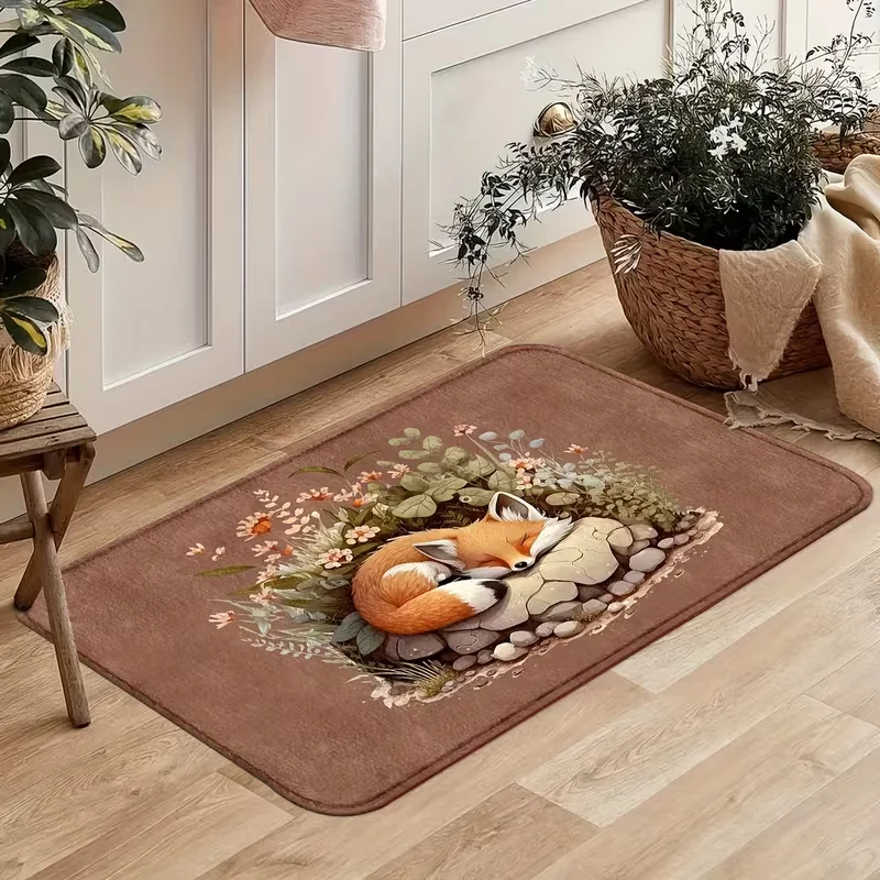 Cute Sleeping Fox Door Mat Forest Animal Theme Entryway Rug, 2D Flat Printed Non-Slip Washable Floor Mat for Home