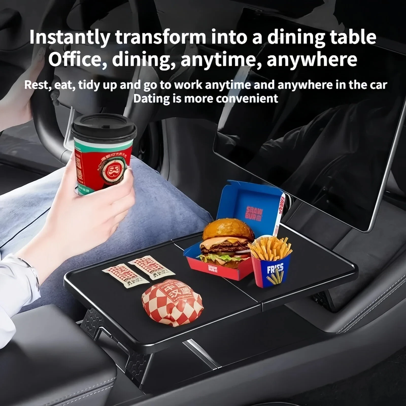 For Tesla Model 3/Y/YL 2017-2026 Carbon Fiber Steering Wheel Tray – Foldable Car Desk Portable Laptop Stand Office Table view 5