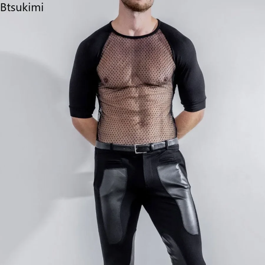 2024 Trend Party Nightclubs Style Tops Men\'s See-through Short Sleeve Patchwork T-shirts Sexy Mesh Thin Transparent Tees for Men