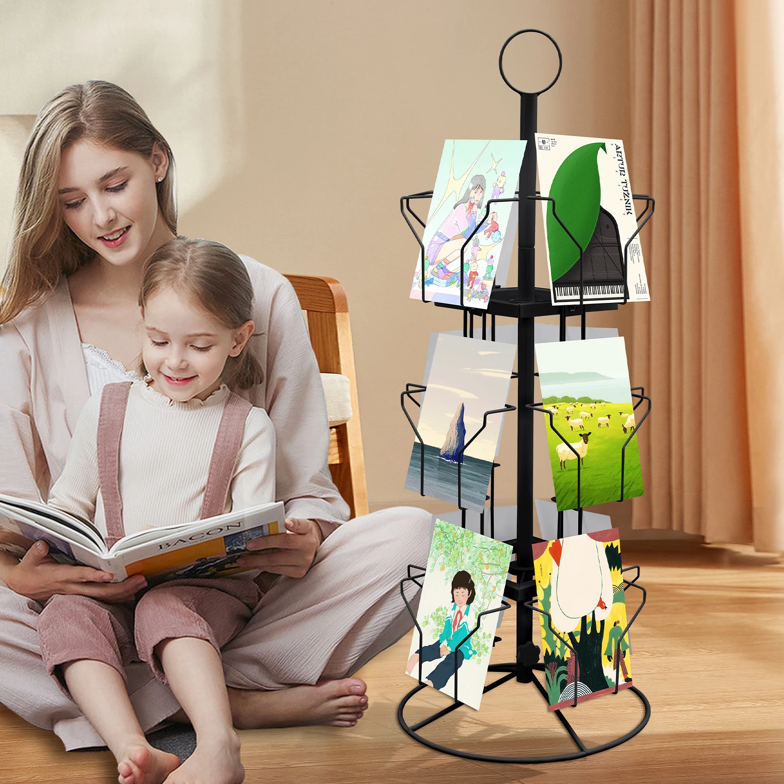 

Профессиональная вращающаяся стойка для поздравительных открыток, 12 карманов на 360 градусов ° Вращающаяся витрина из холоднокатаной стали, простая сборка для