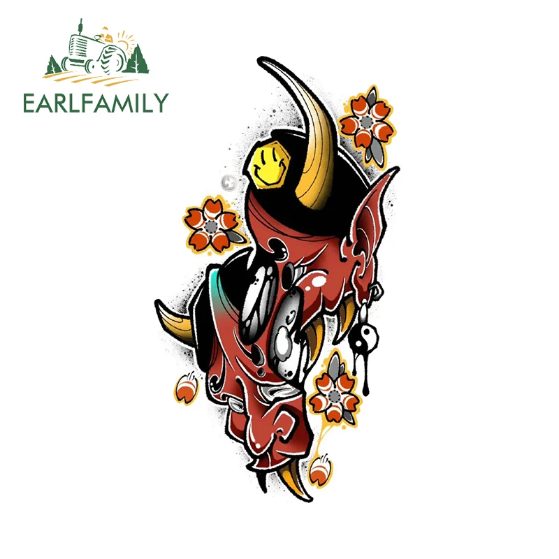

EARLFAMILY 13cm X 7.3cm for Japanese Style Oni Mask Flower Car Stickers Waterproof Sunscreen Decals Graffiti Bumper Car Goods