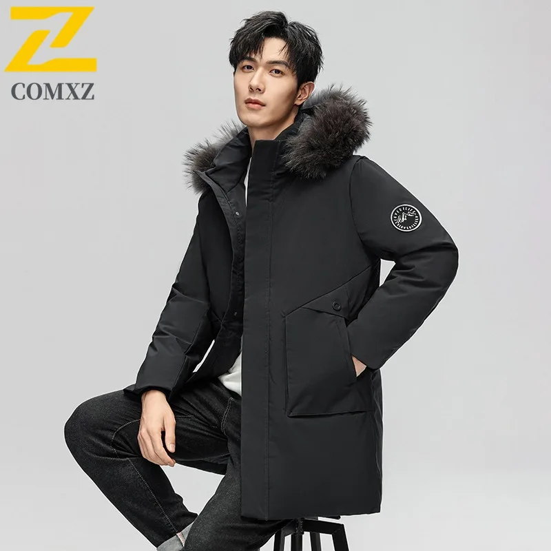 COMXZ Men Cotton Padded Jacket Scratch Resistant Warm Outdoor Adventure Skiing Padding Coat Hiking Hooded Windproof Parker Coat