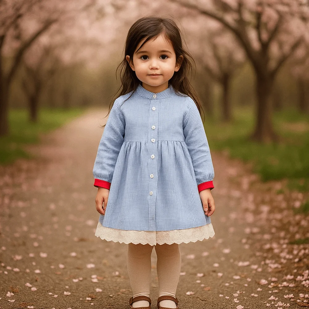 

Fashion Pleated Lace Grid Dress Loose A-line Girls Long Dress Stripe Ballet Style Children Long Sleeved Dress Holiday