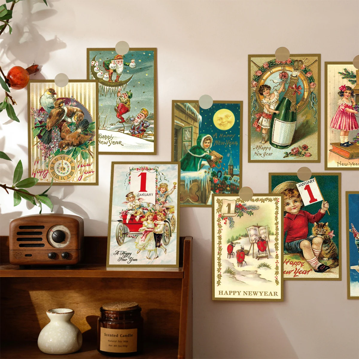 12pc Antique Happy New Year Postcards Set,Vintage Christmas Greeting Card with Baby and Clock,Holiday Gift For Friend and Family