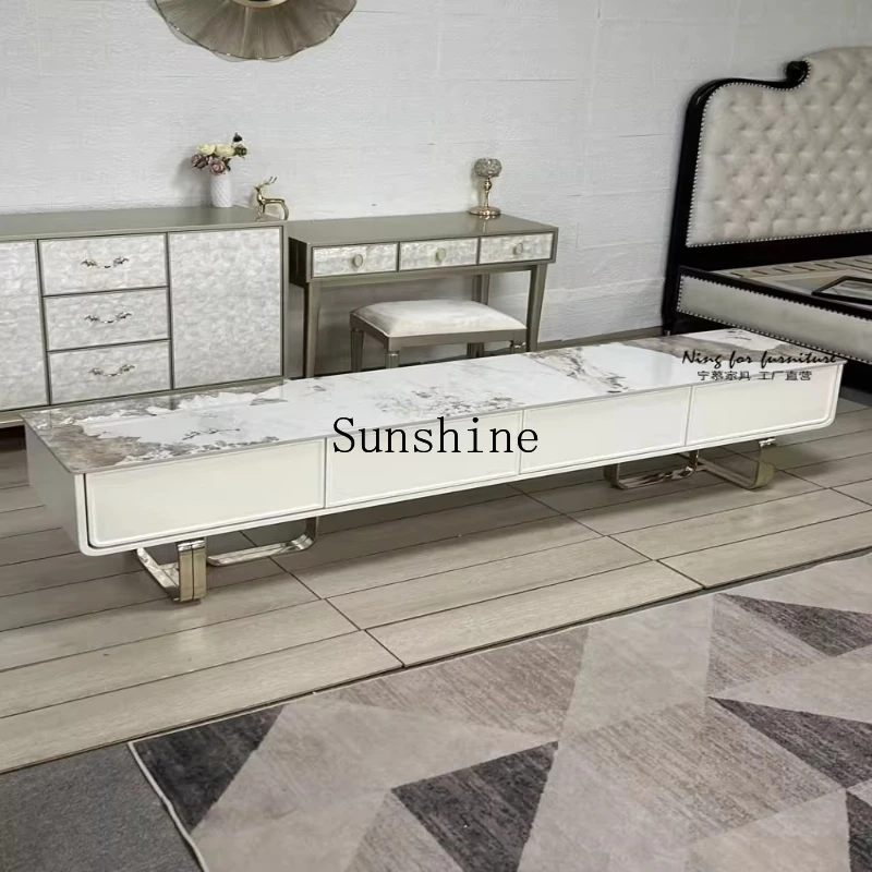 Italian light luxury, rock slab TV cabinet, living room floor stainless steel audio-visual storage, villa drawers