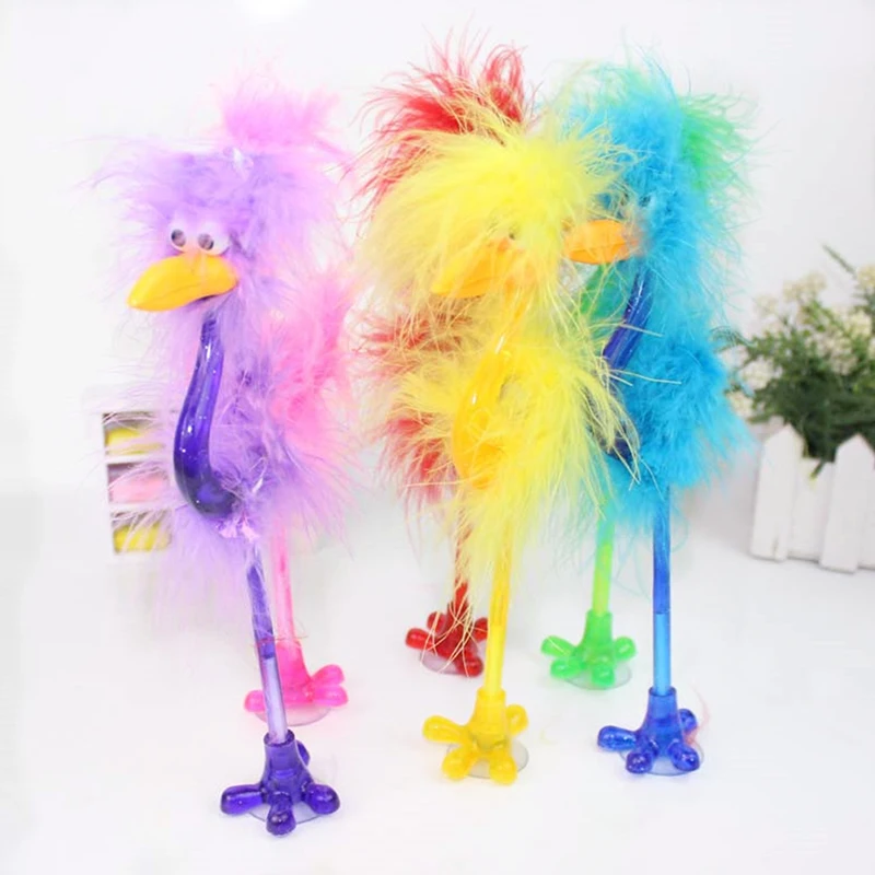 1Pc Cartoon Ostrich Feather Ballpoint Pen Flamingo Crown Pen Students Office Writing Stationery Supplies Color Random