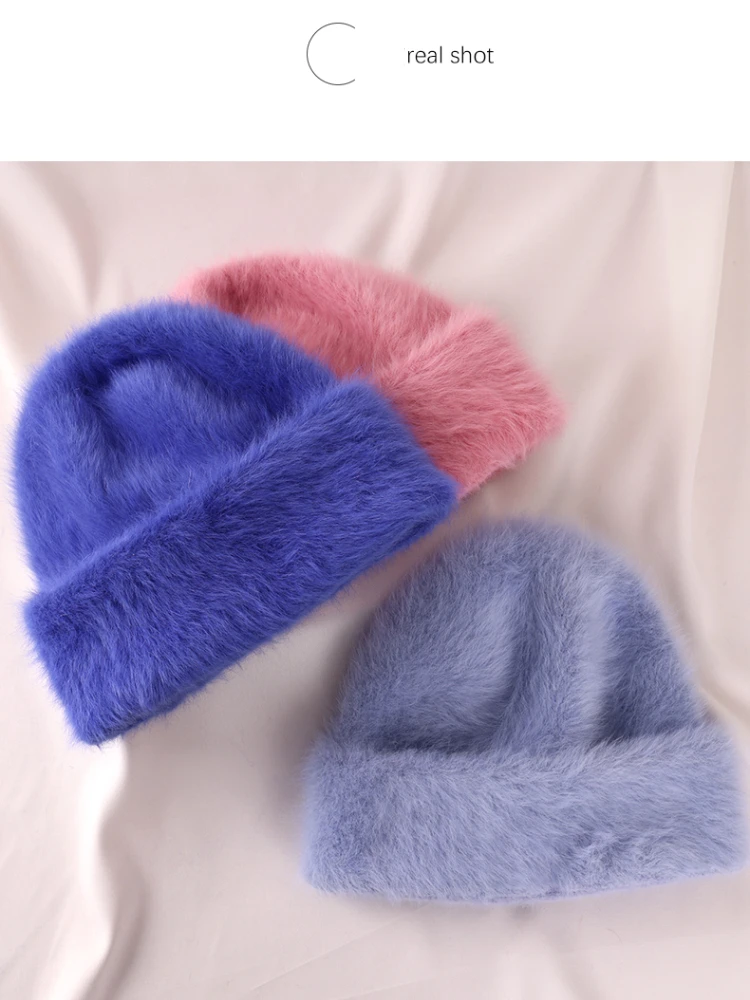 2023 Angora Flauschige Strickmütze Kaninchenfell Wintermütze für Damen Damen Mode Warmer Plüschschädel Damen Dicke Fleecemützen – Detail 20