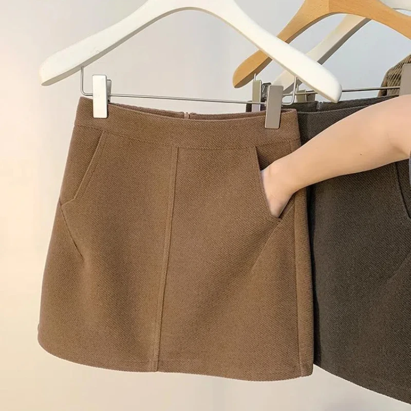 Simplicity Office Lady Autumn Winter Woolen Women Thicken Solid Zipper Pocket Vintage Fashion High Waist Short Slim A-line Skirt