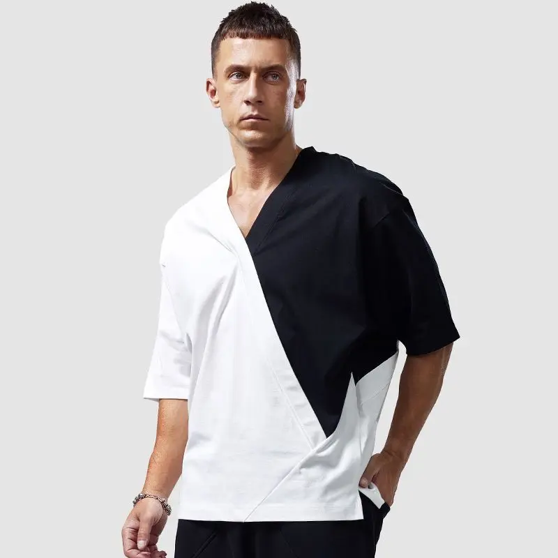 Chinese Style Retro Short Sleeve Men V Neck Sweatshirt Cotton Summer Black White Spliced Loose 2xl Oversized Clothing Casual Top