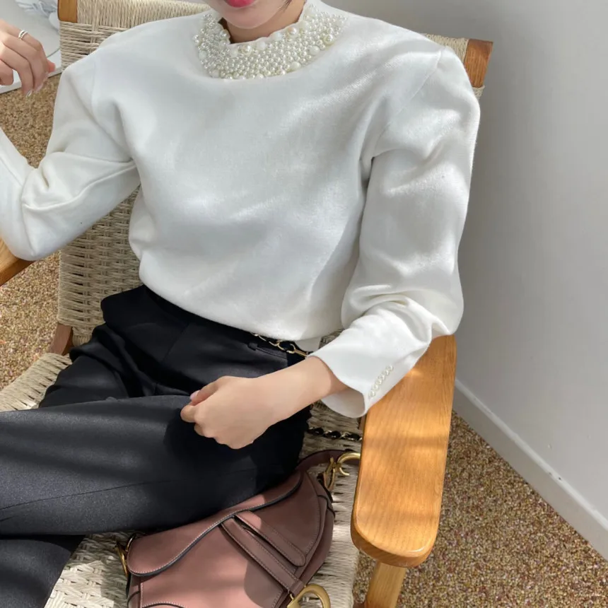 Pearl Beading Vintage Pullover Sweater Women 3/4 Sleeve Half High Collar Tops Solid Elegant Ladies Jumpers 2022