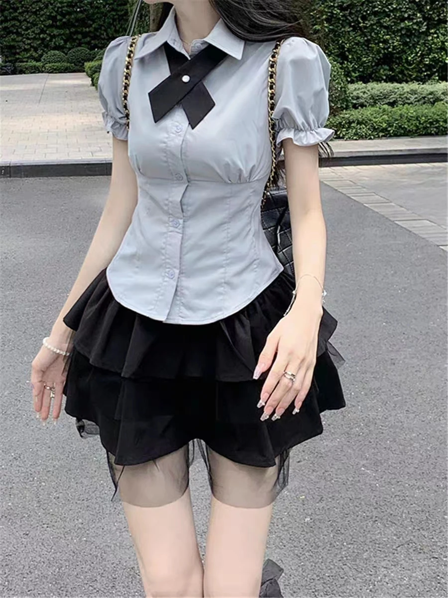 

Комплект из двух предметов: юбка-кейк и топ в стиле Spicy Girl, корейский студенческий стиль, пышная юбка, милый и дерзкий шик, летний ансамбль 2023