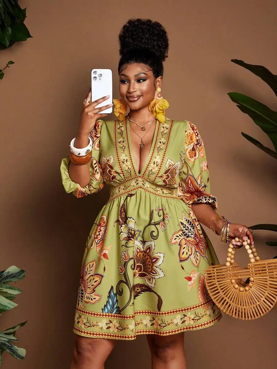 

Plus Size Women Floral Print Deep V-Neck Lantern Sleeve Mini Dress For Vacation