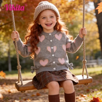 VIKITA Toddlers Girls Pink Heart Print Knitted Cardigan Kids Gray Sweater Coat Girls Soft Button Casual Warm Knitwear Tops