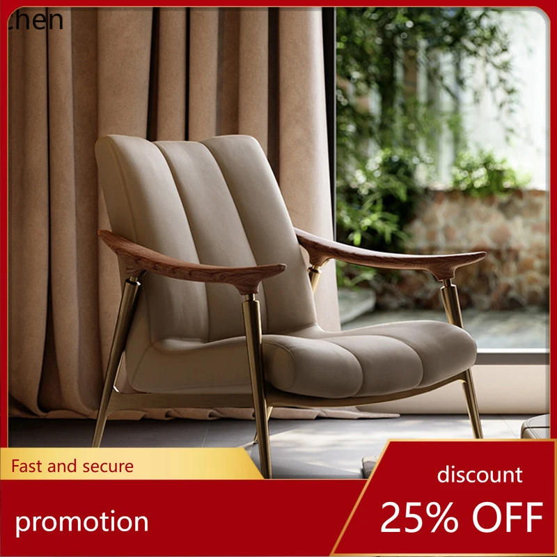 

ZML Italian light luxury premium single sofa leather high-end villa black walnut leisure chair