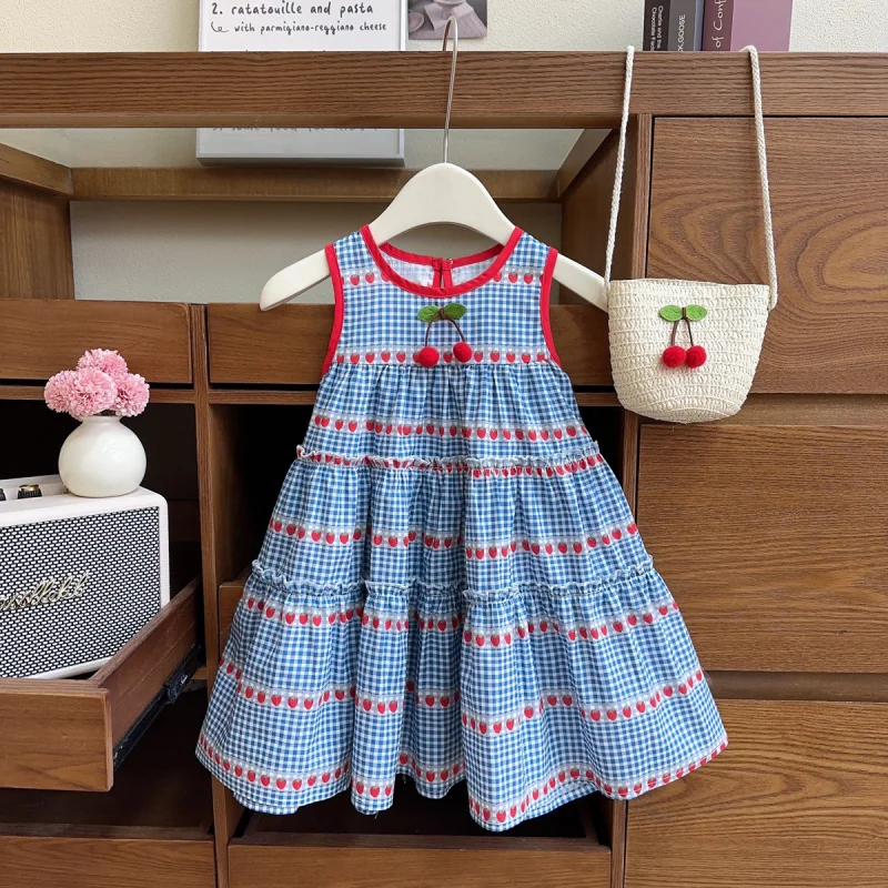 

Girls' Dress2025Summer New Style Baby Girl Sleeveless Cake Vest Dress Princess Dress with Woven Bag