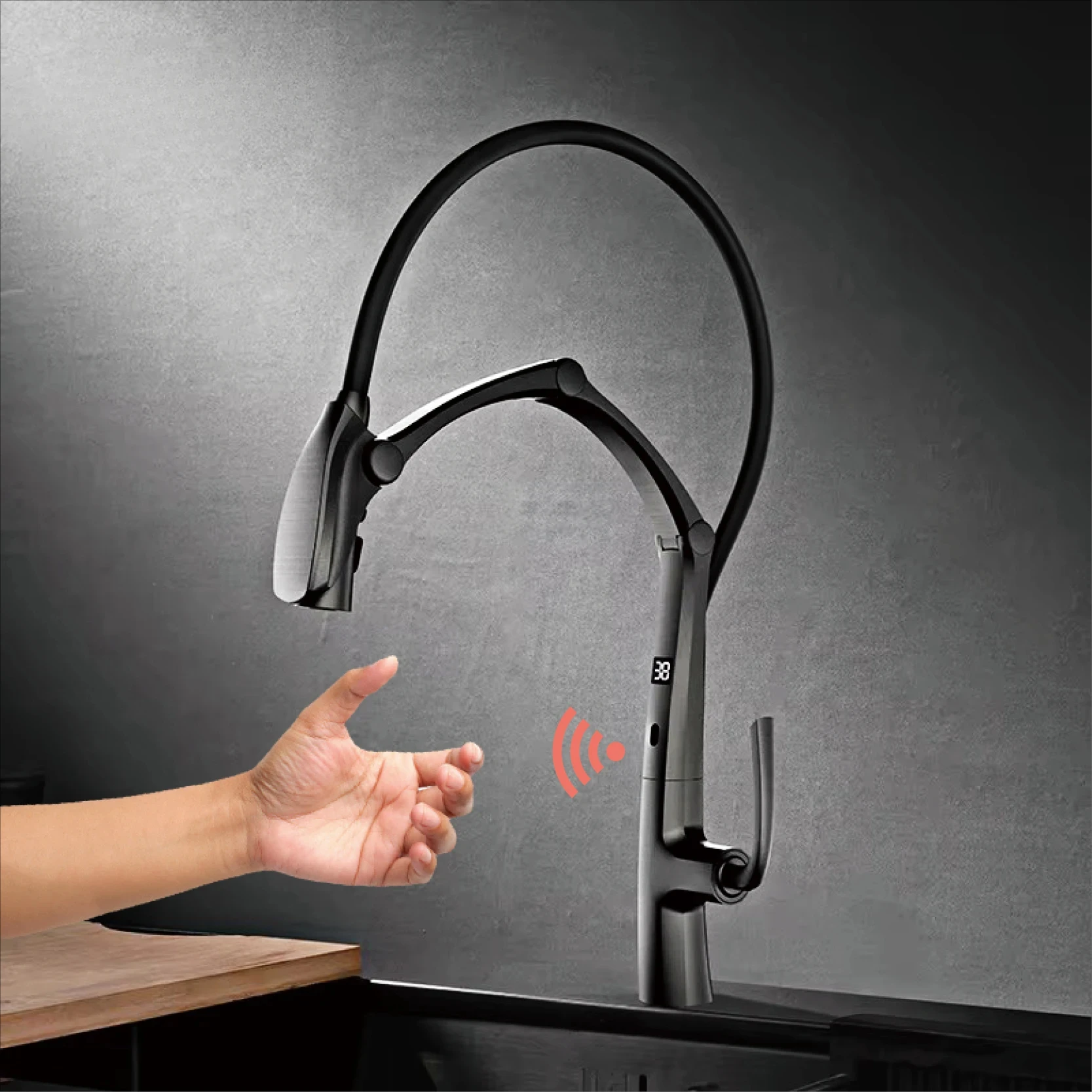 

Роскошный латунный кухонный смеситель со светодиодным дисплеем Gun Grey, бесконтактный датчик, выдвижной 3-функциональный распылительный водосберегающий смеситель для раковины