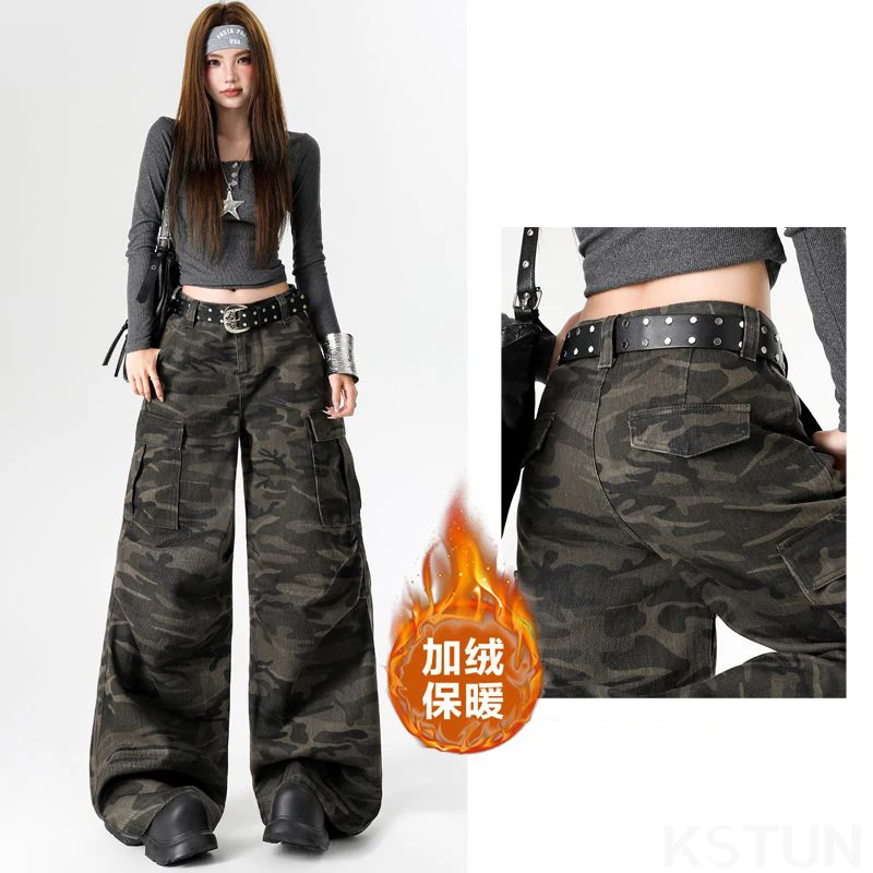 أمريكي خمر التمويه البضائع الجينز النساء الصوف سميكة السراويل الفضفاضة منخفضة الارتفاع متعددة جيوب التمهيد قطع صديقها الجينز لا حزام #2