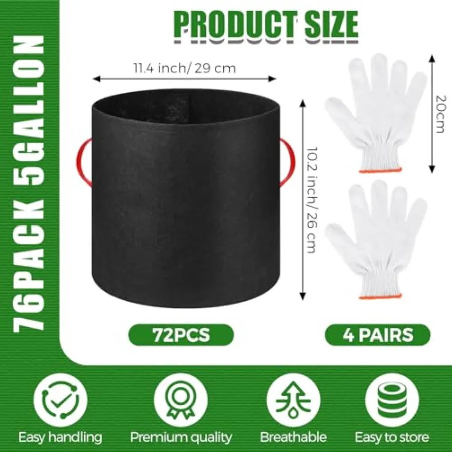 Gardening application: 5-gallon fabric grow bags, nonwoven heavy-duty material, black color, enhanced root aeration and drainag