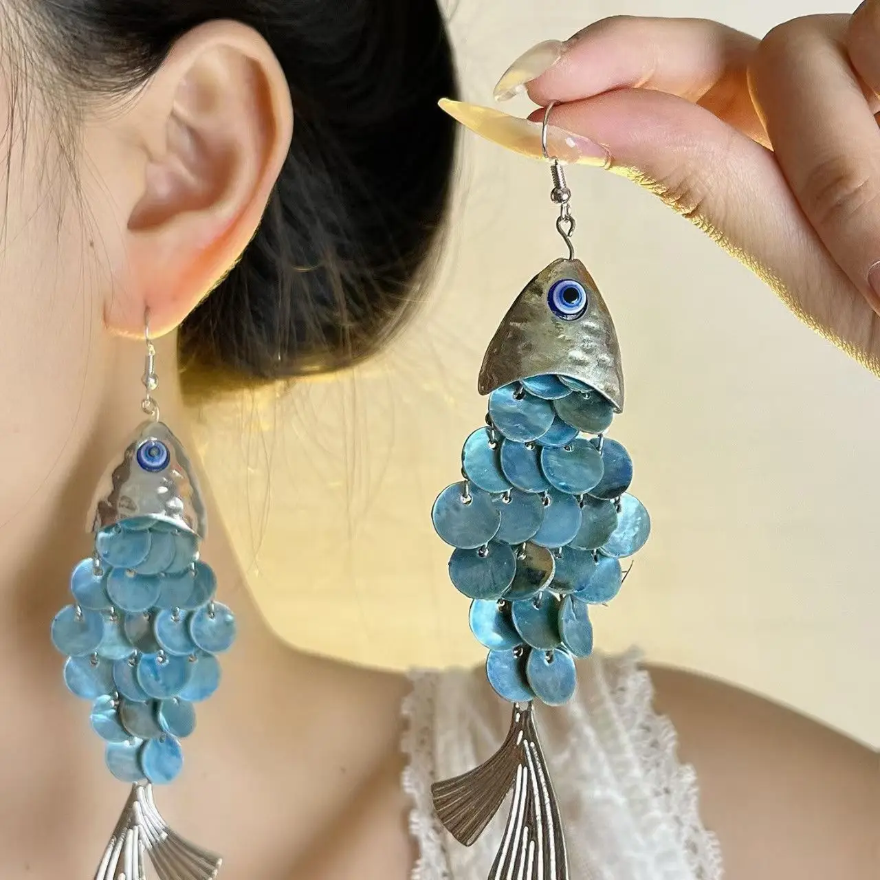 Blue Sense Fish-shaped Earrings for Women Creative Multi-layer Shell Scaly Tassel Drop Earrings Niche Exaggerated Jewelry Gift