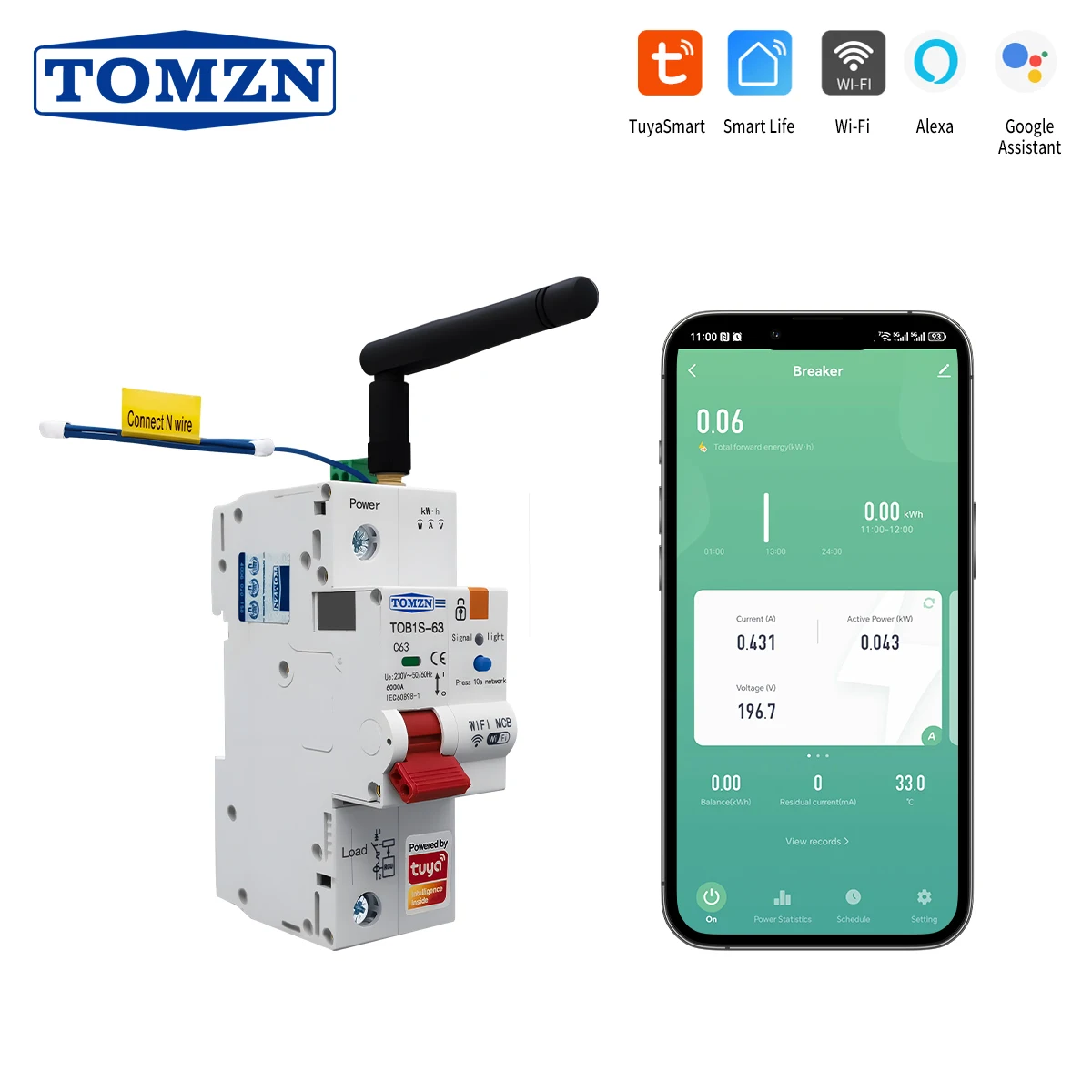 

TOB1S-63 RS485 WIFI control 1P+N 220V 230V AC 1-63A V-I-Hz-kW-kWh-℃ Short-current Protection Prepayment OVP UVP OCP Lock