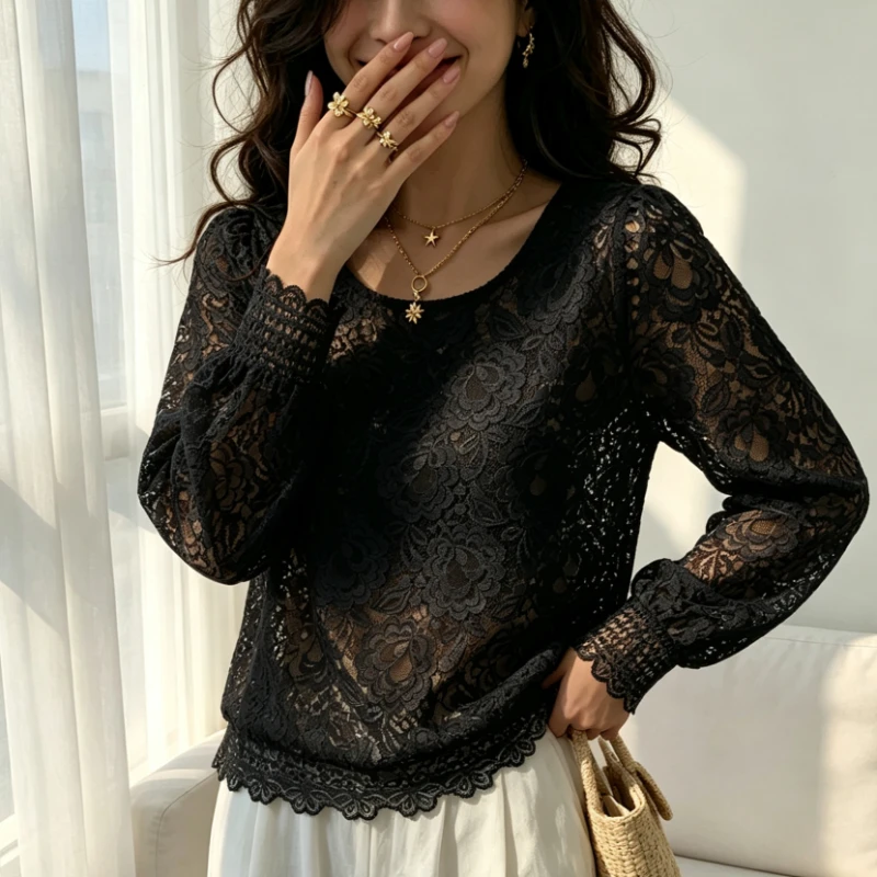 Spring New Women Round Neck Floral Lace Long Sleeve Blouse Lantern Sleeve Scalloped Cuff Hem Loose Elegant Commuter Casual Top
