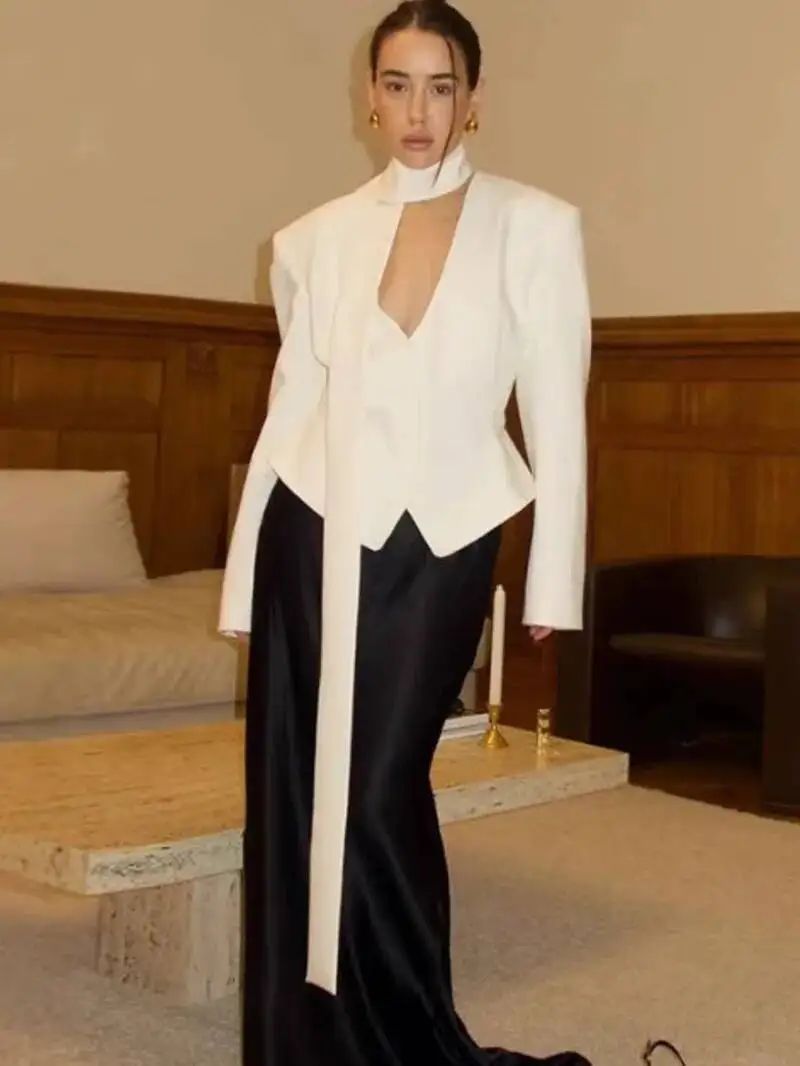 

White V-neck Ribbon Shirt Cardigan For Women Long Sleeve Buttons Office Lady Top Elegant Female Blousers Outwear Fashion MS87