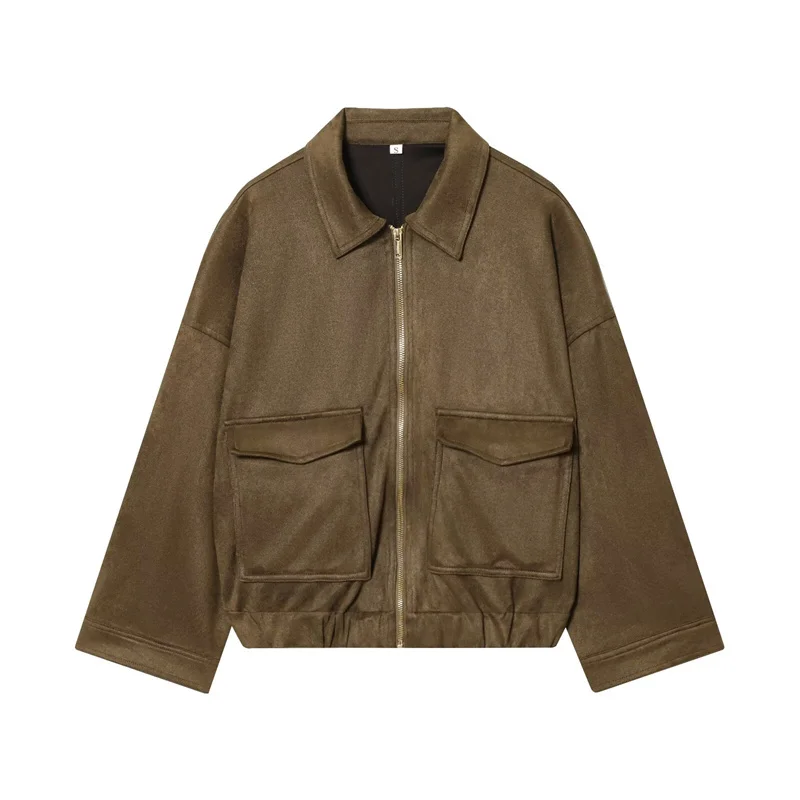 

Женская куртка, осень 2023, новые поступления, верблюжья замшевая куртка с длинными рукавами и текстурой, повседневная мода, универсальный стиль