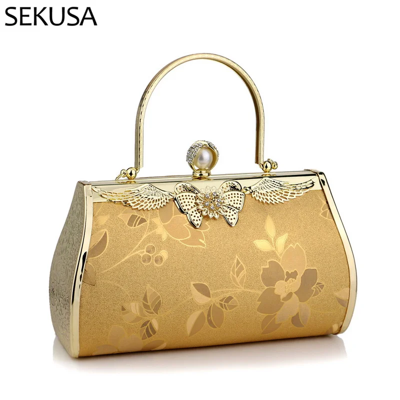 Butterfly Metal Golden Evening Bags Printed Floral Leaf Ladies Handbags For Wedding Purse