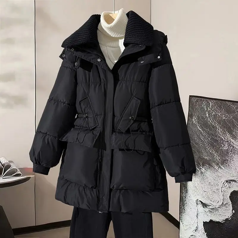 

Medium Long Women's Fashion Temperament Knit Lapel Loose Cotton-padded Jacket Winter All New Big Size Thin Girl Cotton Coat