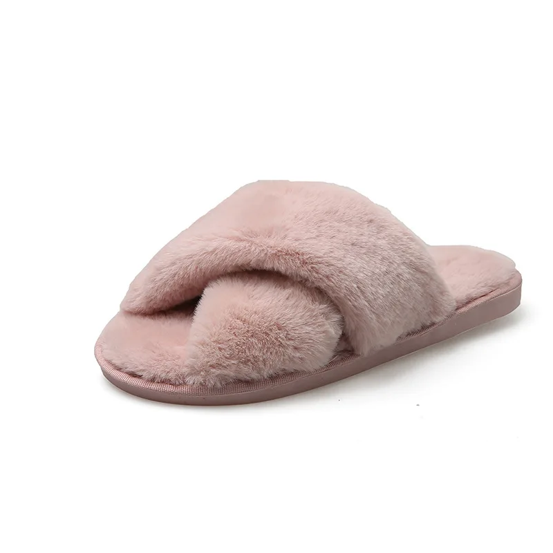 House Slippers Winter Women  Faux Fur Fashion Warm Shoes Woman Slip on Flats Female Slides Black Pink cozy home furry slippers